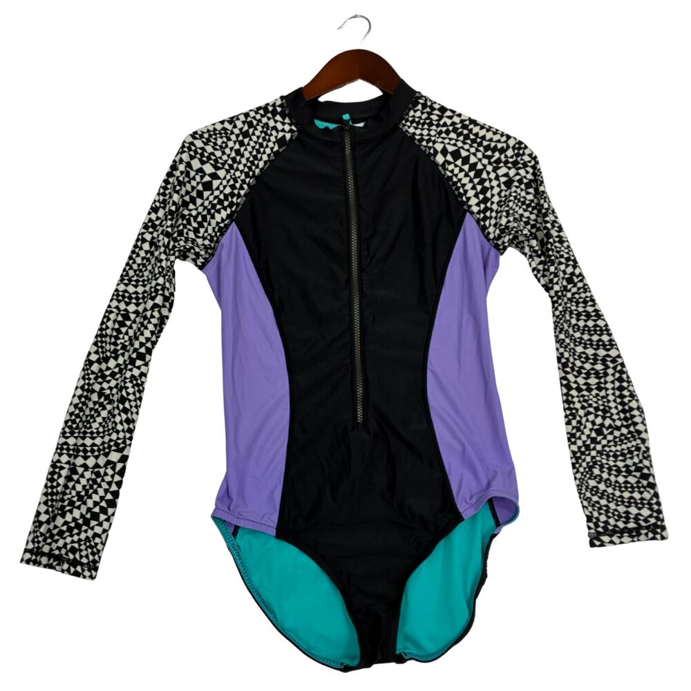 Speedo Womens M Long Sleeve One Piece Swimsuit Black Purple Geo Zip Rash Guard